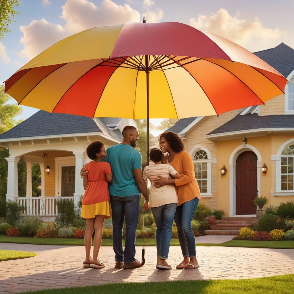 A comforting scene depicting a diverse family embracing each other under a large, protective umbrella made of insurance documents, symbolizing security and love. In the background, a serene neighborhood shows happy families interacting, with hints of various insurance symbols subtly integrated into the landscape. Soft, warm colors create an inviting atmosphere that reflects warmth and care. super-realistic. vibrant colors.