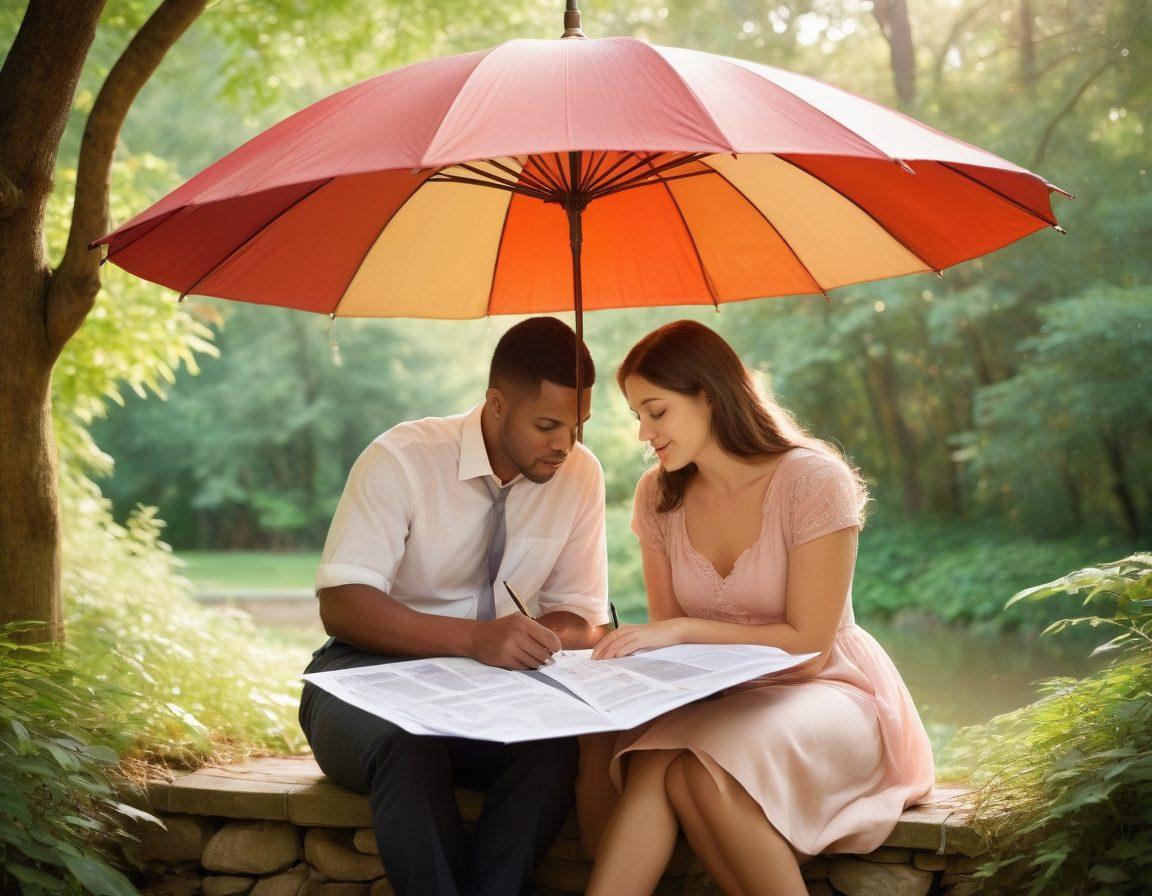 A warm, comforting scene of a couple sitting together, surrounded by symbols of protection like an umbrella, a heart, and insurance paperwork, emphasizing love and security. In the background, soft sunlight filters through trees, symbolizing hope and stability. Include gentle colors and a cozy atmosphere to evoke feelings of safety and affection. vibrant colors. soft focus.