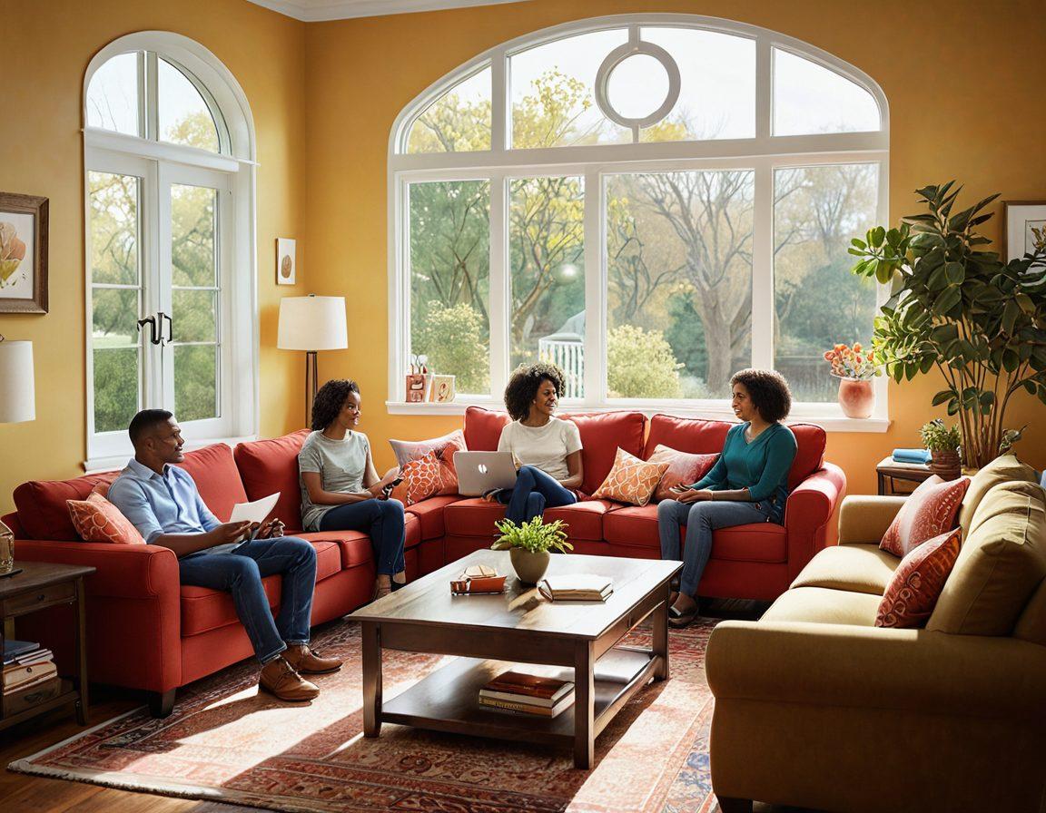 A warm, inviting scene featuring a diverse group of people in a cozy living room, discussing creative insurance solutions. Elements of heart shapes and protective shields symbolizing care and security surrounding them. Bright sunlight streaming through large windows, creating a cheerful atmosphere. Artistic touches with playful, colorful illustrations of various insurance icons scattered around. super-realistic. vibrant colors. cozy interior.